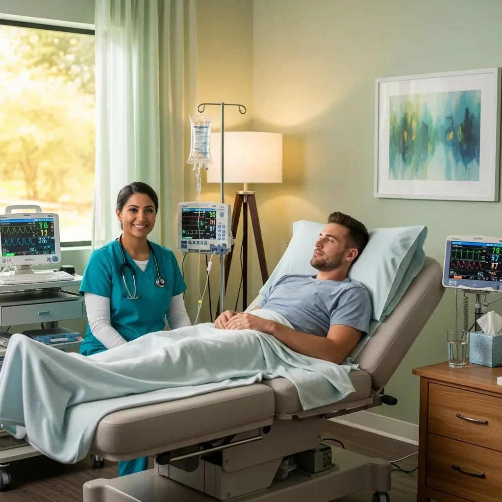 Healthcare professional monitoring patient in detox room, emphasizing medically supervised withdrawal support with IV fluids and monitoring equipment.