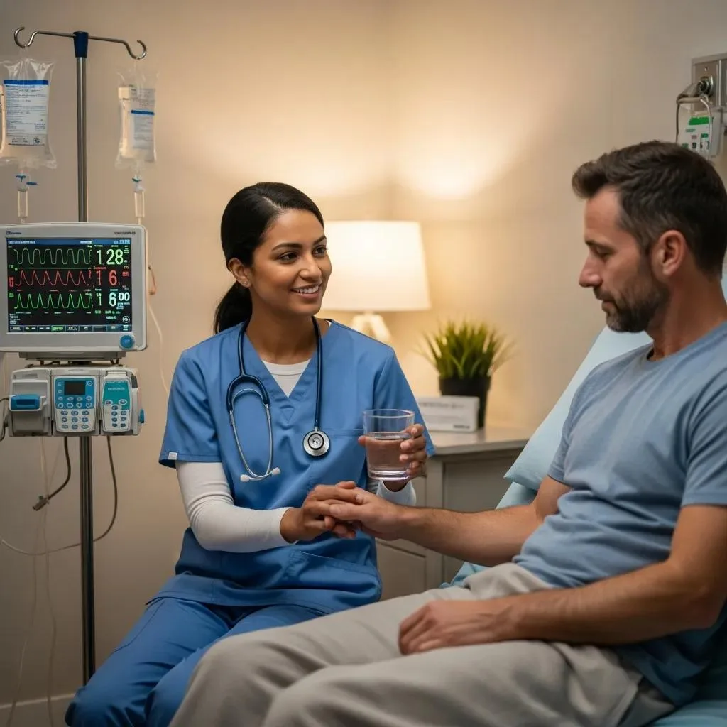 Healthcare professional in scrubs providing support and hydration to a patient during medical detox in a calming medical setting, emphasizing safety and care.