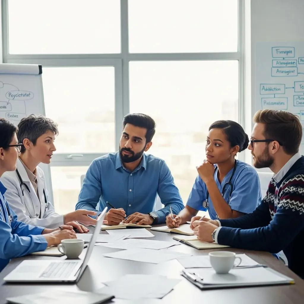 Multidisciplinary Healthcare Team Collaborating On A Dual Diagnosis Plan