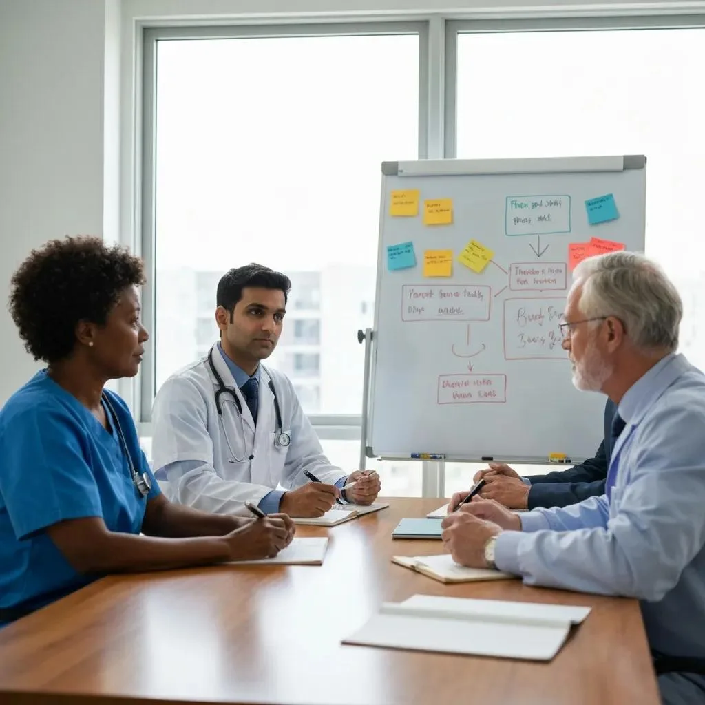 Healthcare professionals collaborating on a personalized addiction treatment plan during a meeting, with a whiteboard displaying assessment notes and flowcharts.