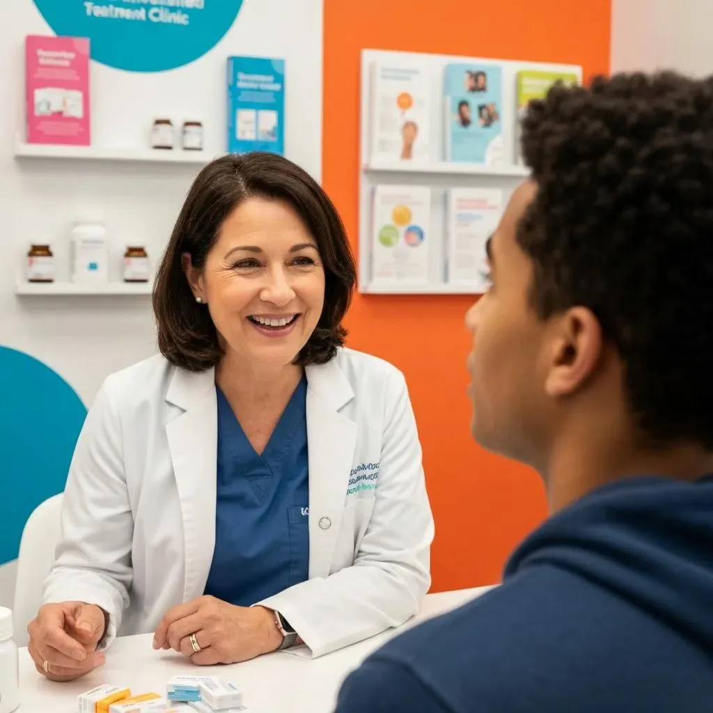Opiate Detox &Amp; Withdrawal Management In Las Vegas, Nv Healthcare provider discussing medication-assisted treatment options with a patient in a clinical setting, featuring medication packages on the table and informational brochures in the background.