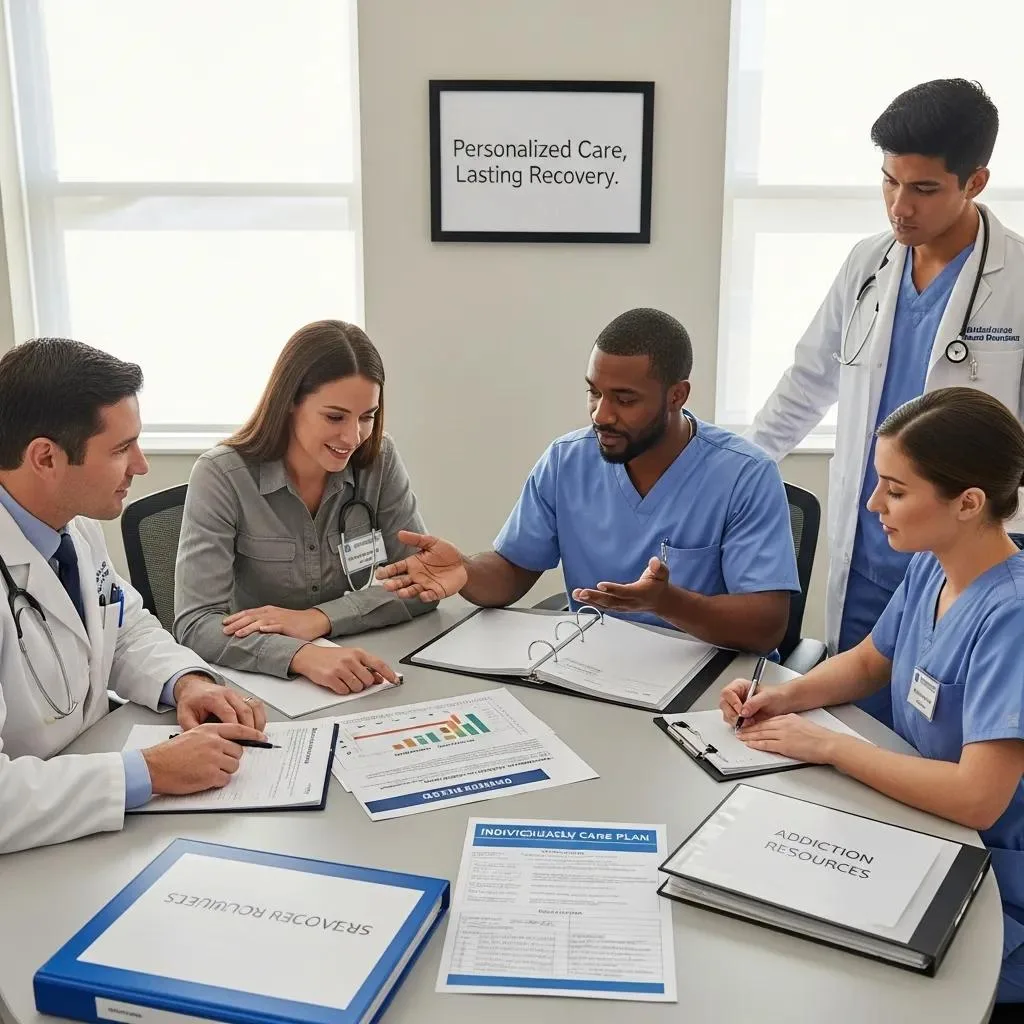 Personalized Addiction Treatment Plans For Recovery Healthcare team discussing personalized addiction treatment plans, with documents and charts on the table, emphasizing individualized care for effective recovery.