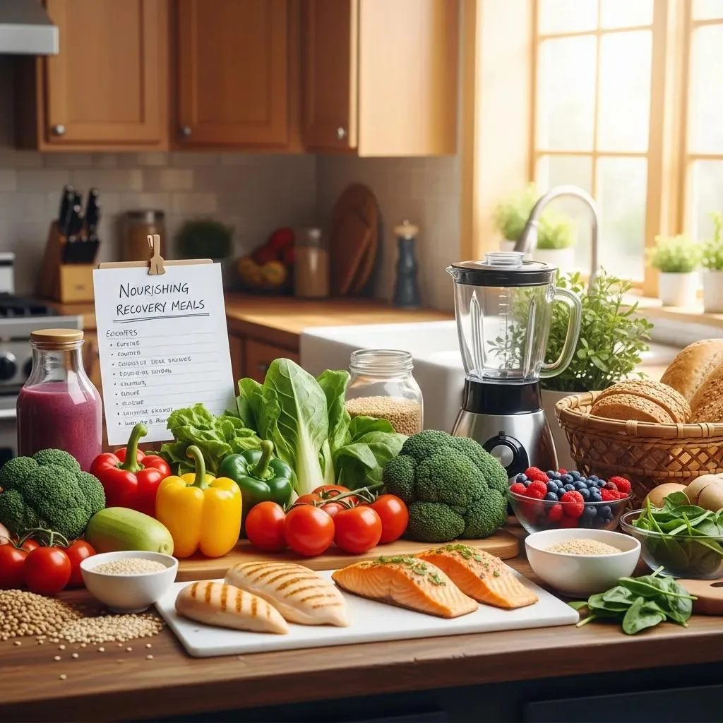 Nutrition &Amp; Diet For Addiction Recovery Fresh vegetables, lean proteins like salmon and chicken, whole grains, and a blender on a kitchen counter, with a notepad titled "Nourishing Recovery Meals," emphasizing healthy meal preparation for addiction recovery.