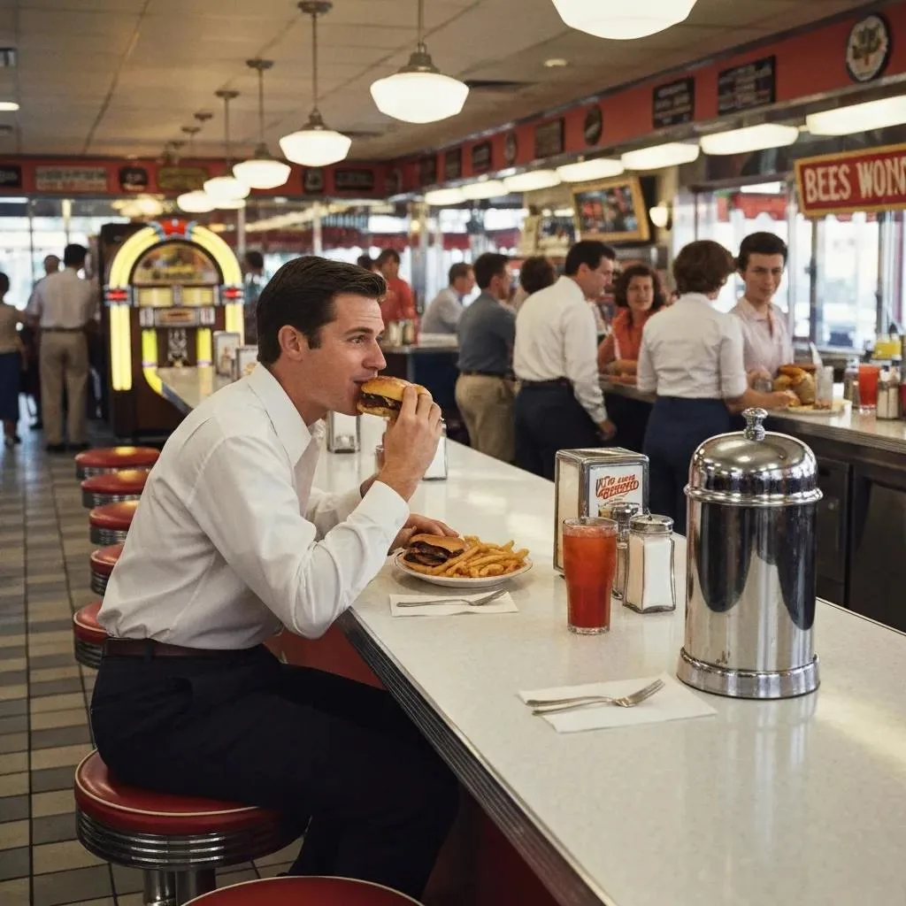 Man seated at diner counter enjoying a burger and fries, with soda, in a retro-style restaurant setting, reflecting themes of hunger management in addiction recovery.