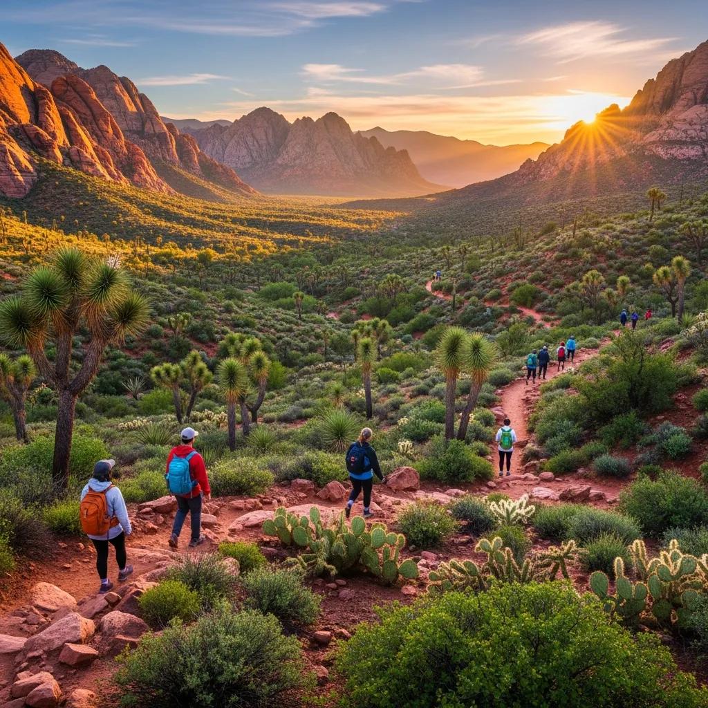Sober Activities Las Vegas: Fun Without Substances Hikers exploring scenic trails of Red Rock Canyon, surrounded by lush vegetation and mountains, emphasizing outdoor adventures for sobriety and recovery in Las Vegas.