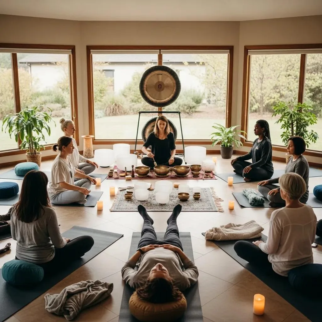 Mind-Body Connection: Healing For Addiction Recovery Group of participants in a sound bath therapy session, engaging in holistic practices for mind-body wellness, surrounded by instruments and candles in a serene environment.