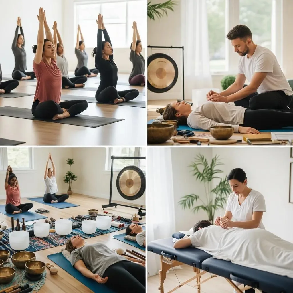 Holistic Therapy Options Like Yoga And Sound Baths In A Calming Setting