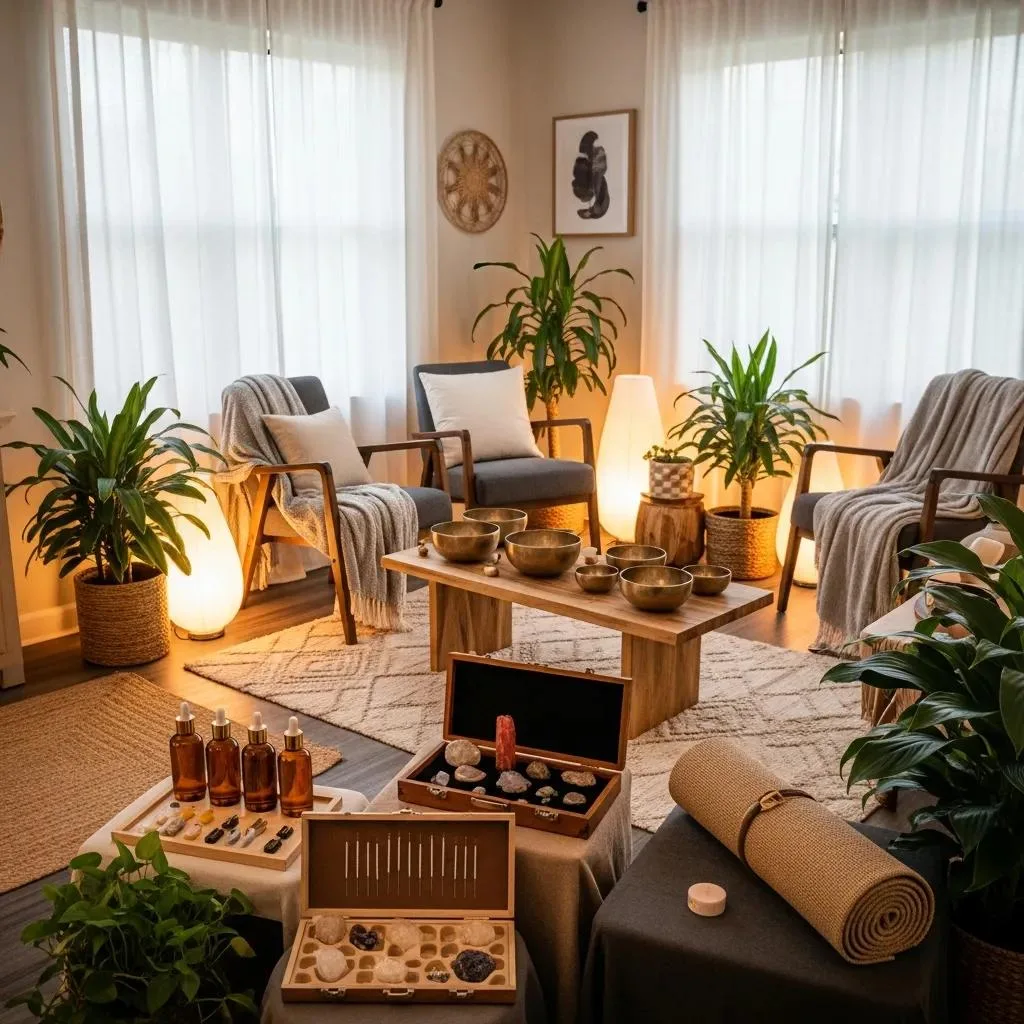 Yoga &Amp; Mindfulness For Addiction Recovery Las Vegas Holistic Therapy Room With Sound Bowls And Acupuncture Tools — Complementary Therapies Supporting Recovery