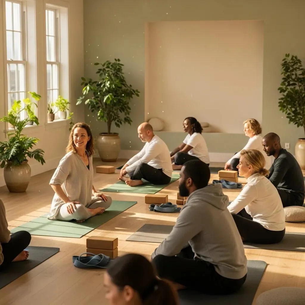 Patients Practicing A Guided Yoga Session As Part Of Holistic Addiction Support
