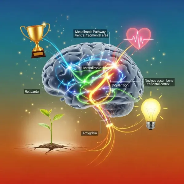Illustration Of A Brain With Highlighted Dopamine Pathways And Symbols Of Motivation And Reward