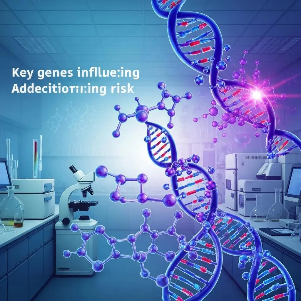 DNA strands and molecular structures illustrating key genes influencing addiction risk in a laboratory setting.