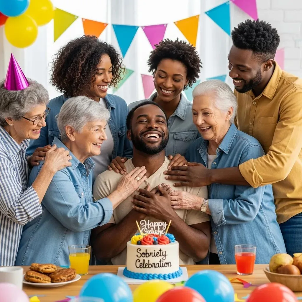 Individual Celebrating Long-Term Sobriety With Family And Friends In A Joyful Setting