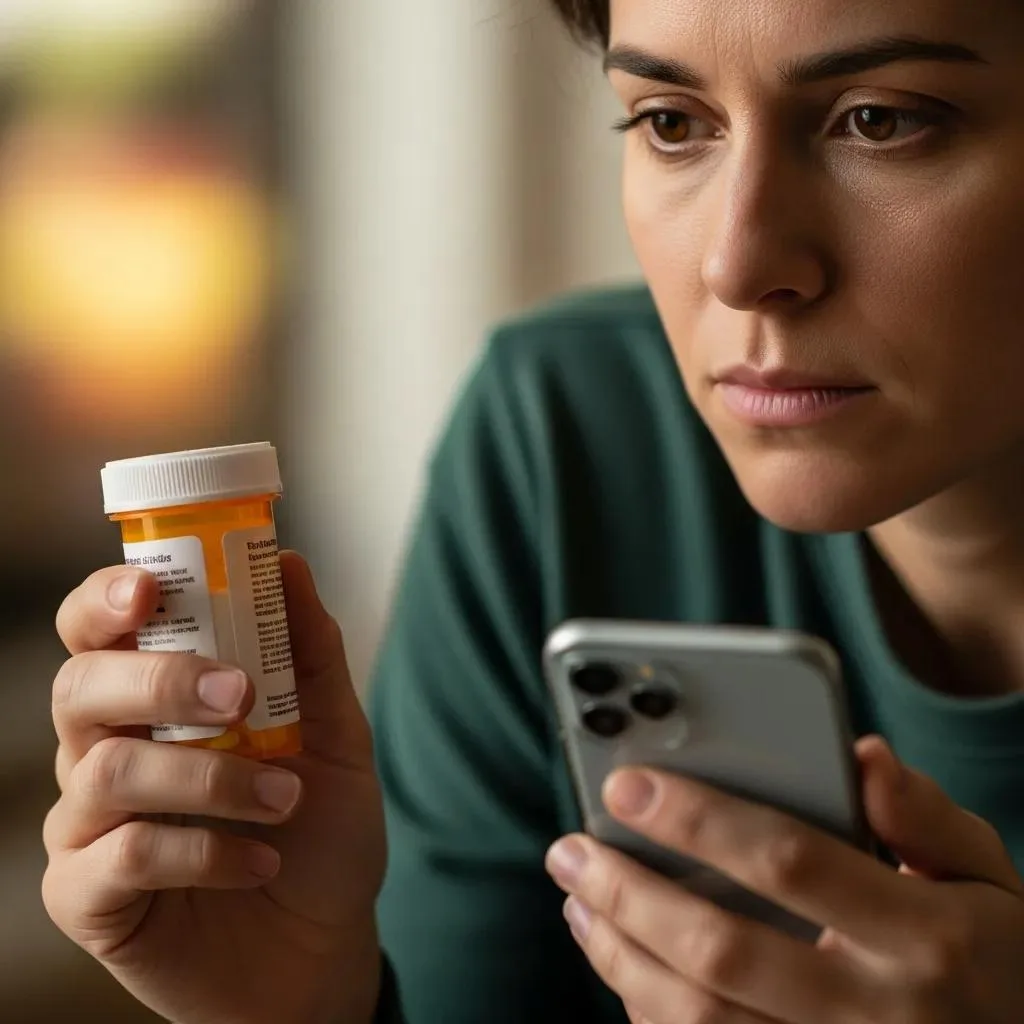 Person Weighing Options While Holding A Prescription Bottle And Phone, Illustrating Self-Medication Choices