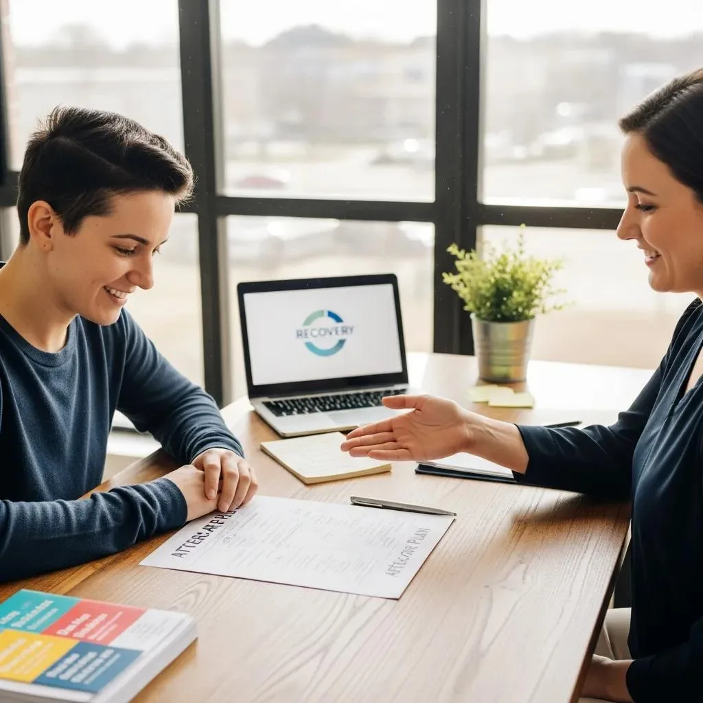 Counselor And Patient Discussing Aftercare And Recovery Planning In A Bright, Supportive Office