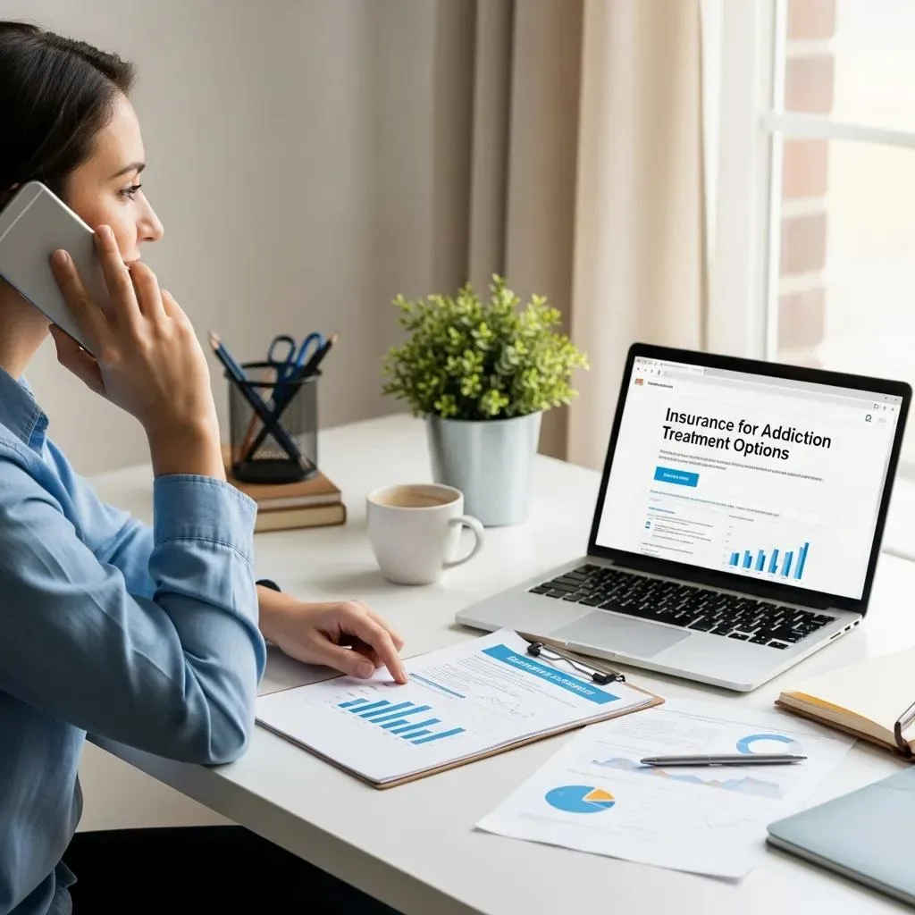 Addiction Treatment Costs: What To Expect &Amp; Plan Person discussing insurance for addiction treatment options over the phone in a home office, reviewing documents with graphs and charts on a laptop, surrounded by a coffee cup and a small plant.