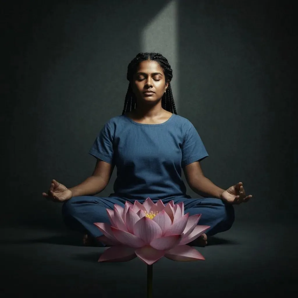 Woman meditating in a serene environment, seated in front of a pink lotus flower, symbolizing mindfulness and recovery in outpatient addiction treatment.