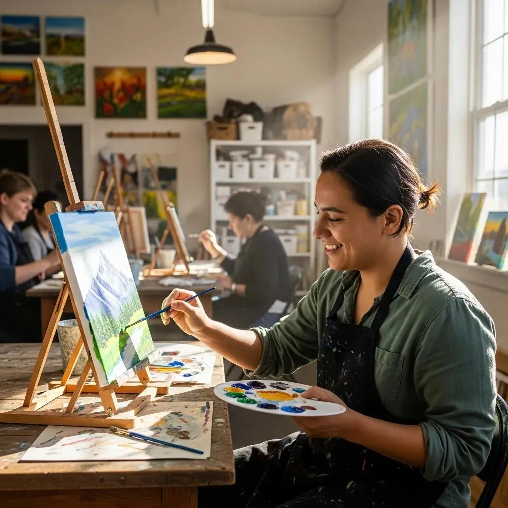 Recreational Activities In Addiction Treatment Person painting in an art class, engaging in a healthy leisure activity that supports recovery and sober fun after treatment, with other participants in the background.
