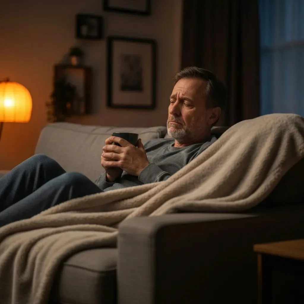 Man sitting on a couch wrapped in a blanket, holding a mug, appearing contemplative and relaxed in a cozy, supportive environment.