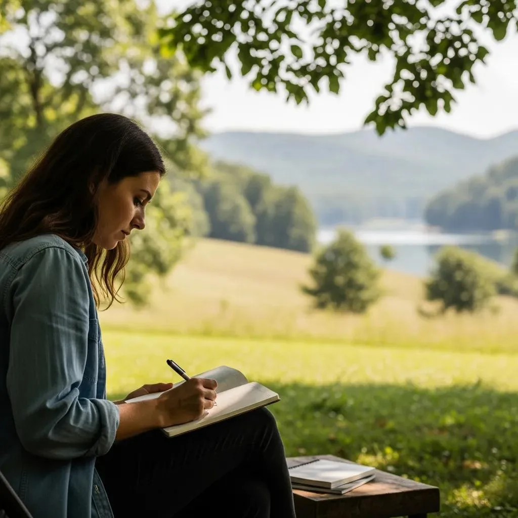 Effective Relapse Prevention Strategies Las Vegas Woman journaling outdoors, reflecting on addiction triggers and coping strategies, serene natural setting with trees and lake in the background.