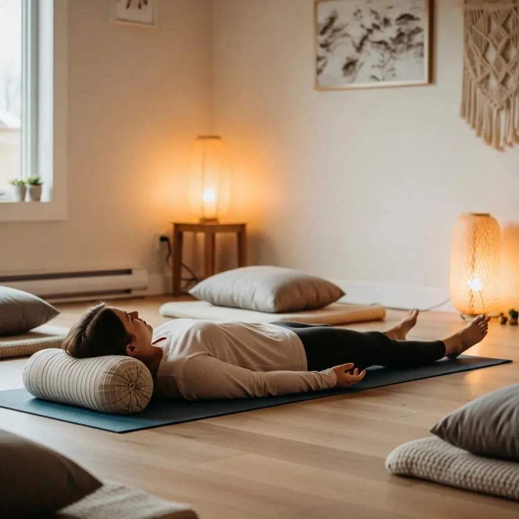Mbsr For Addiction: Reducing Stress &Amp; Relapse Risk Individual Practicing Body Scan Meditation In A Calming Indoor Environment, Highlighting The Role Of Mindfulness In Stress Reduction