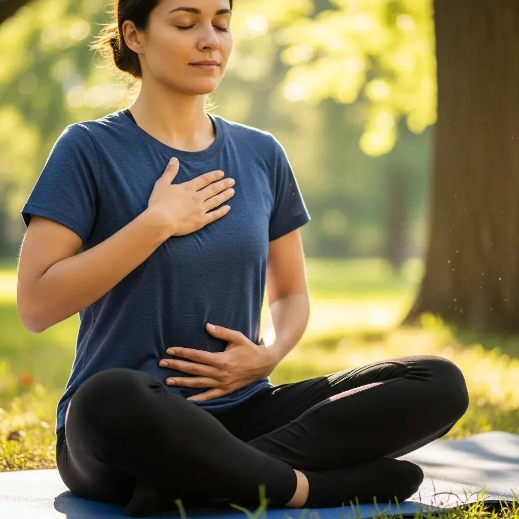 Person Practicing Diaphragmatic Breathing Outdoors To Illustrate Yoga’s Stress‑Reduction Benefits In Recovery