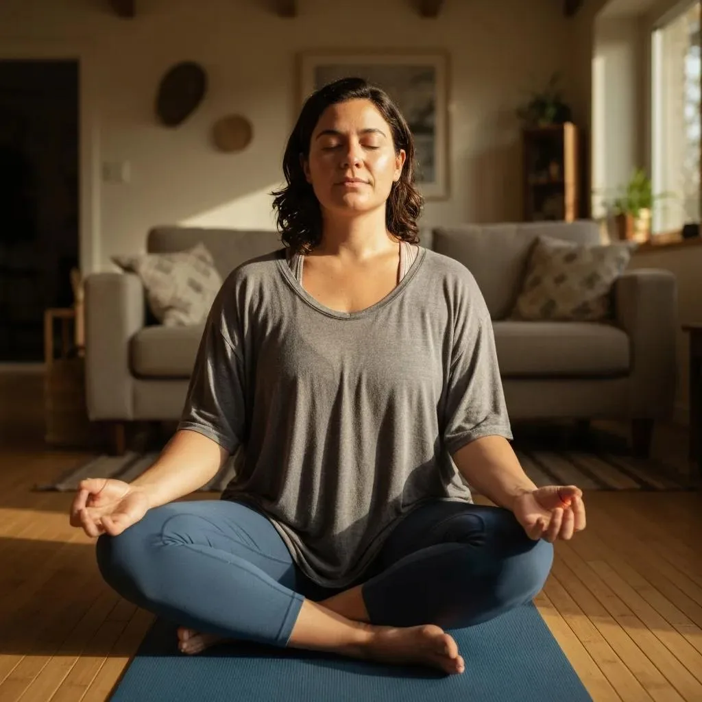 Mindful Eating Practices For Addiction Recovery Person practicing mindfulness meditation in a cozy living room, focusing on breath and relaxation techniques to support mindful eating and craving management.
