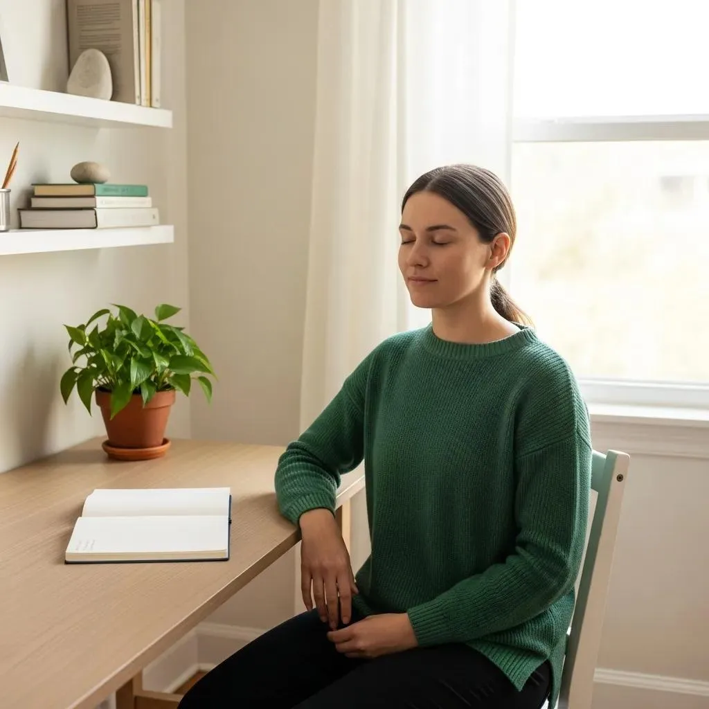 Person Using Grounding Techniques At Their Desk To Manage Cravings And Stress