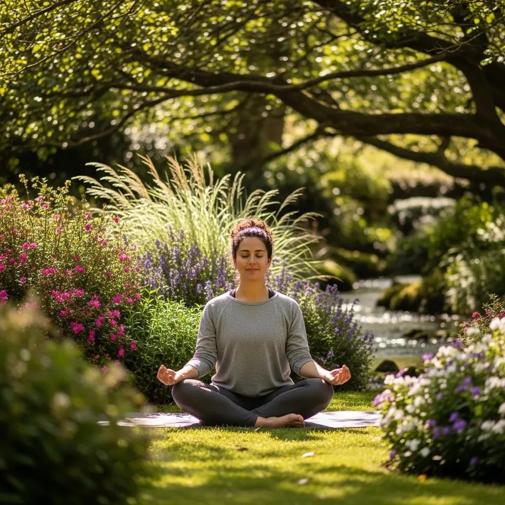Developing Life Skills For Long-Term Recovery Individual practicing mindfulness in nature, illustrating emotional regulation techniques for sobriety, surrounded by colorful flowers and greenery.