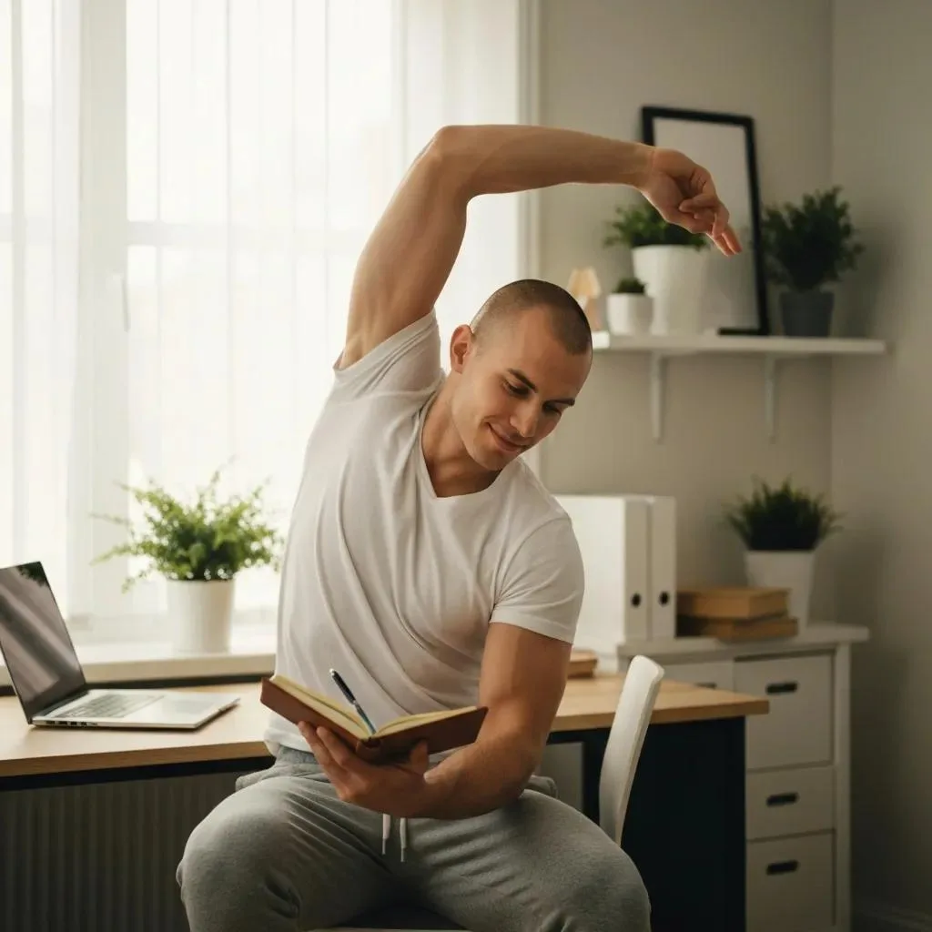 Man stretching while holding a notebook in a well-lit workspace, illustrating morning routine and self-care practices for sobriety and emotional stability.