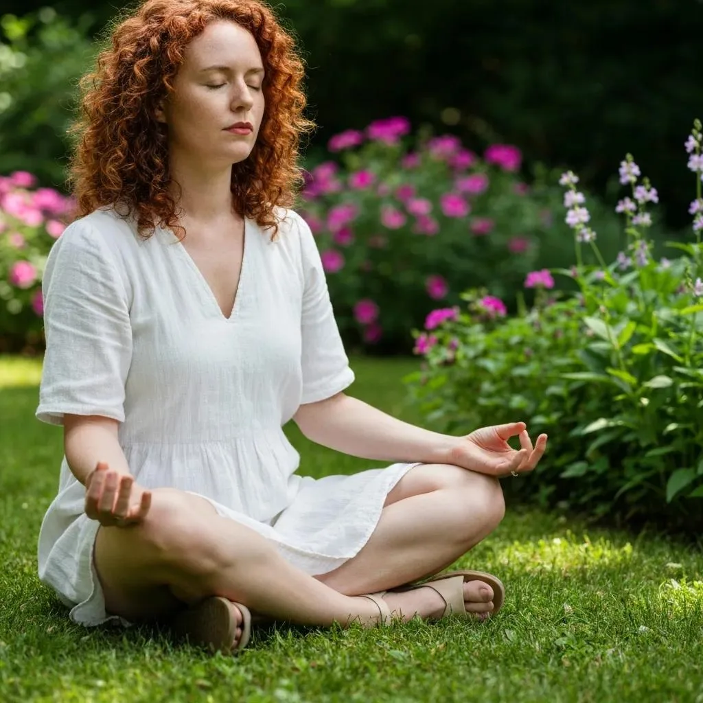 Individual practicing outdoor mindfulness meditation in a flower-filled garden, illustrating benefits of nature therapy for spiritual growth and recovery.