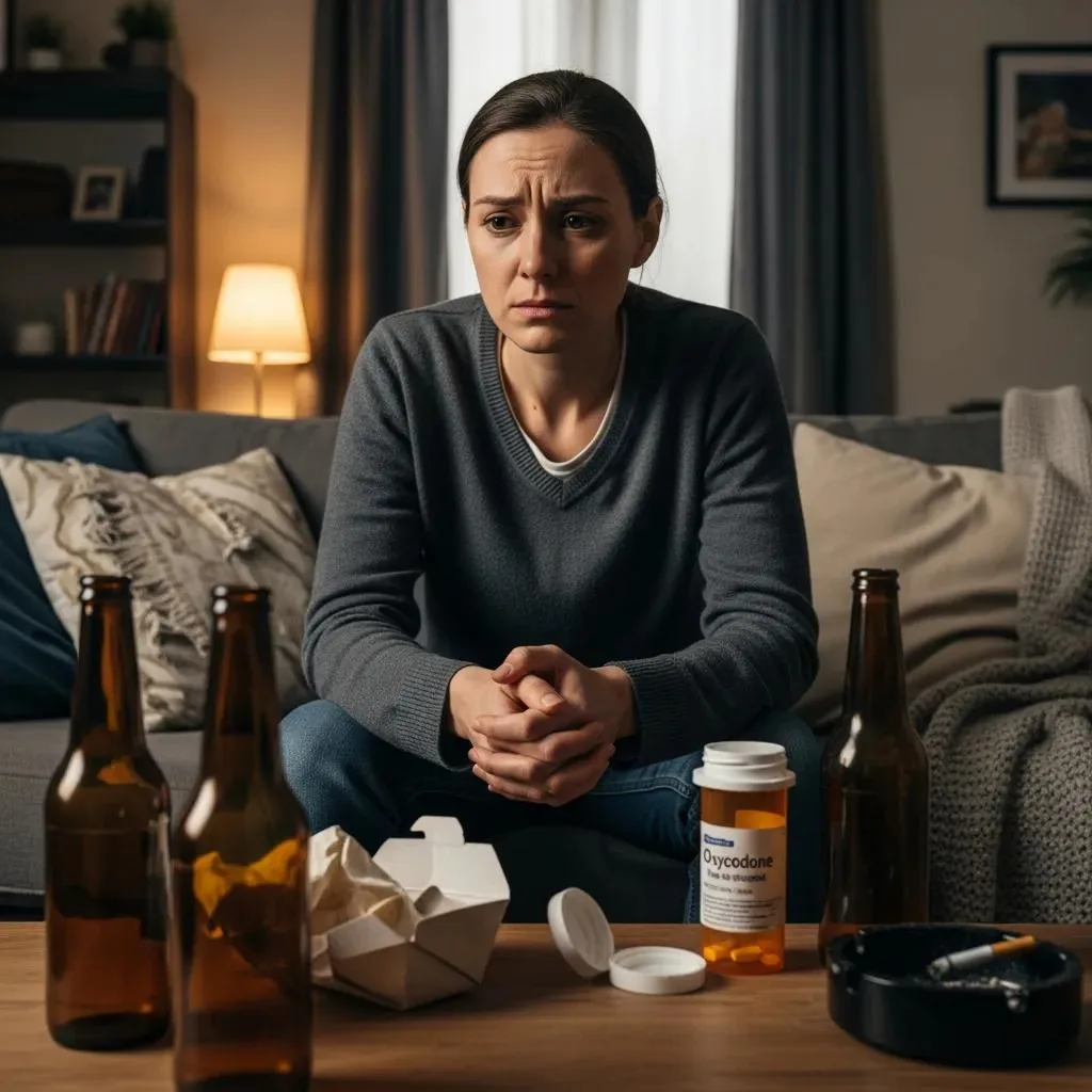Frequently Asked Questions About Addiction Rehab Individual reflecting on substance use disorder, surrounded by empty beer bottles, a prescription bottle labeled "Oxycodone," takeout container, and an ashtray, conveying the impact of addiction on personal life and health.