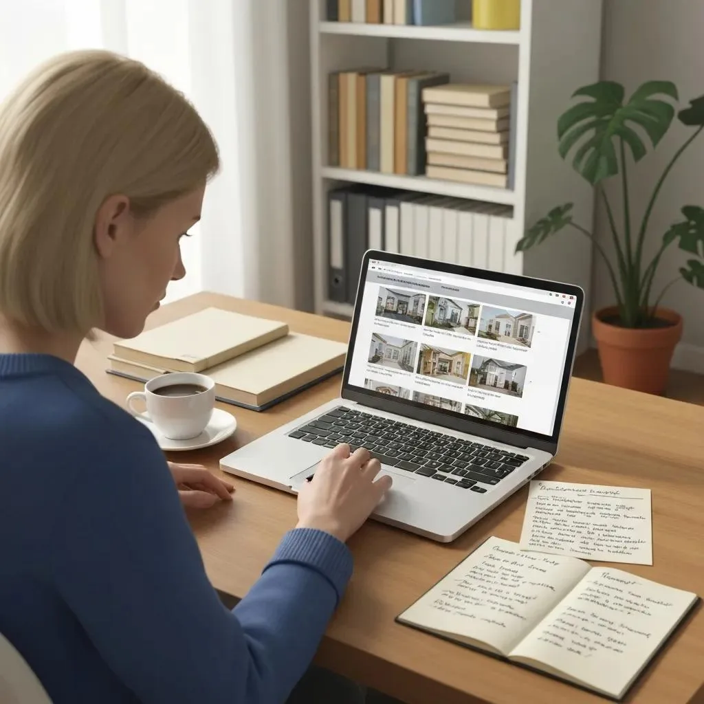 Woman reviewing sober living home options on a laptop in a cozy home office, surrounded by notebooks and a cup of coffee, illustrating the decision-making process for recovery housing.