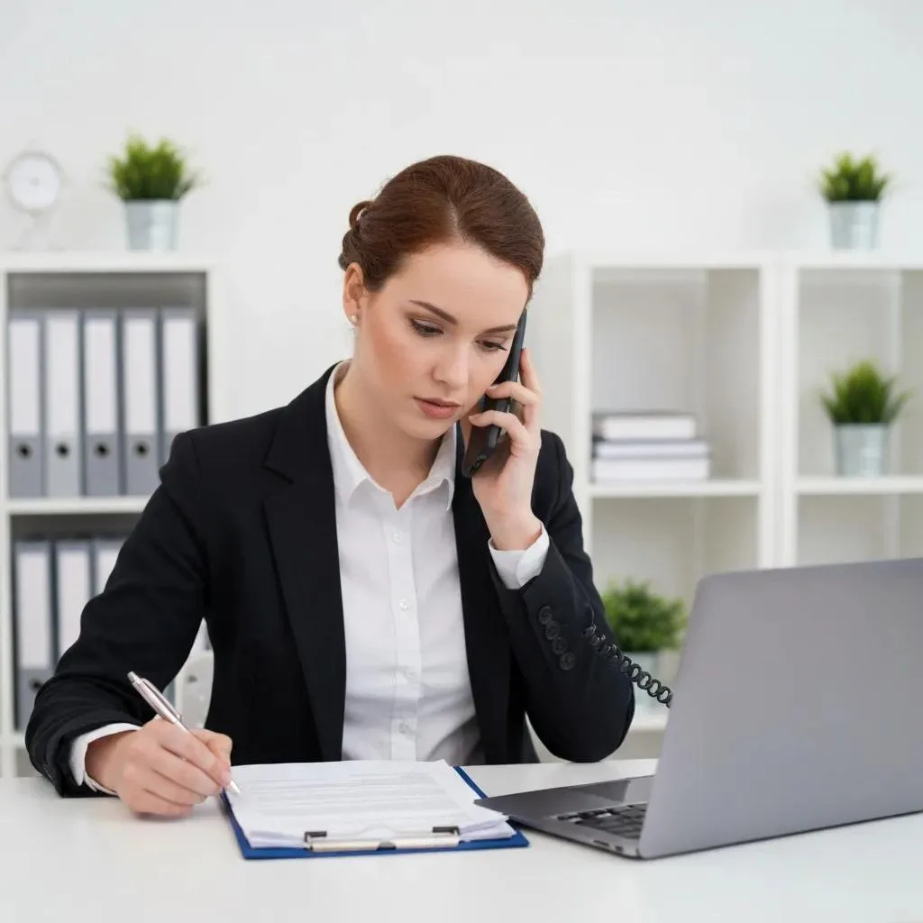 How To Find An Addiction Rehab Near Me In Las Vegas Woman on phone verifying insurance coverage for rehab services, taking notes on a clipboard, with a laptop and organized office background.