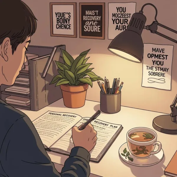 Blogs Person writing in a journal titled "Personal Recovery Plan," surrounded by a plant, pens, and a cup of herbal tea, symbolizing hope and determination in sobriety.