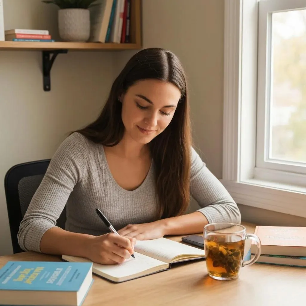 Woman writing in a journal at home, focusing on relapse prevention strategies, with a cup of herbal tea and books on a table.