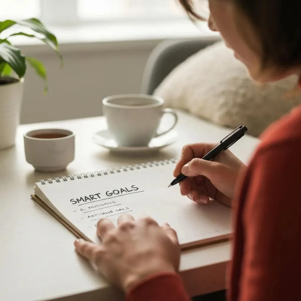 Person Writing Smart Goals For Recovery In A Calm Setting, Emphasizing Clarity And Motivation