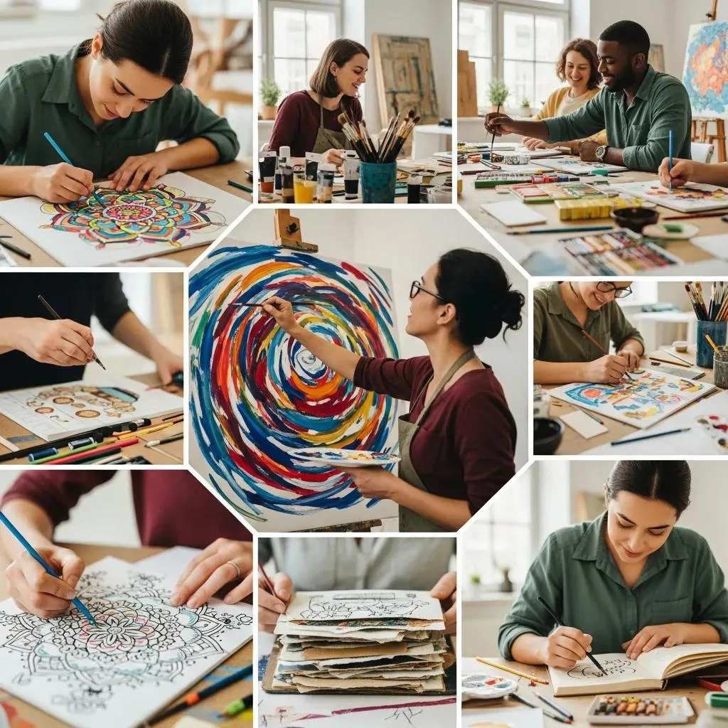 Group Practicing Mandala Drawing And Expressive Painting In A Welcoming Studio