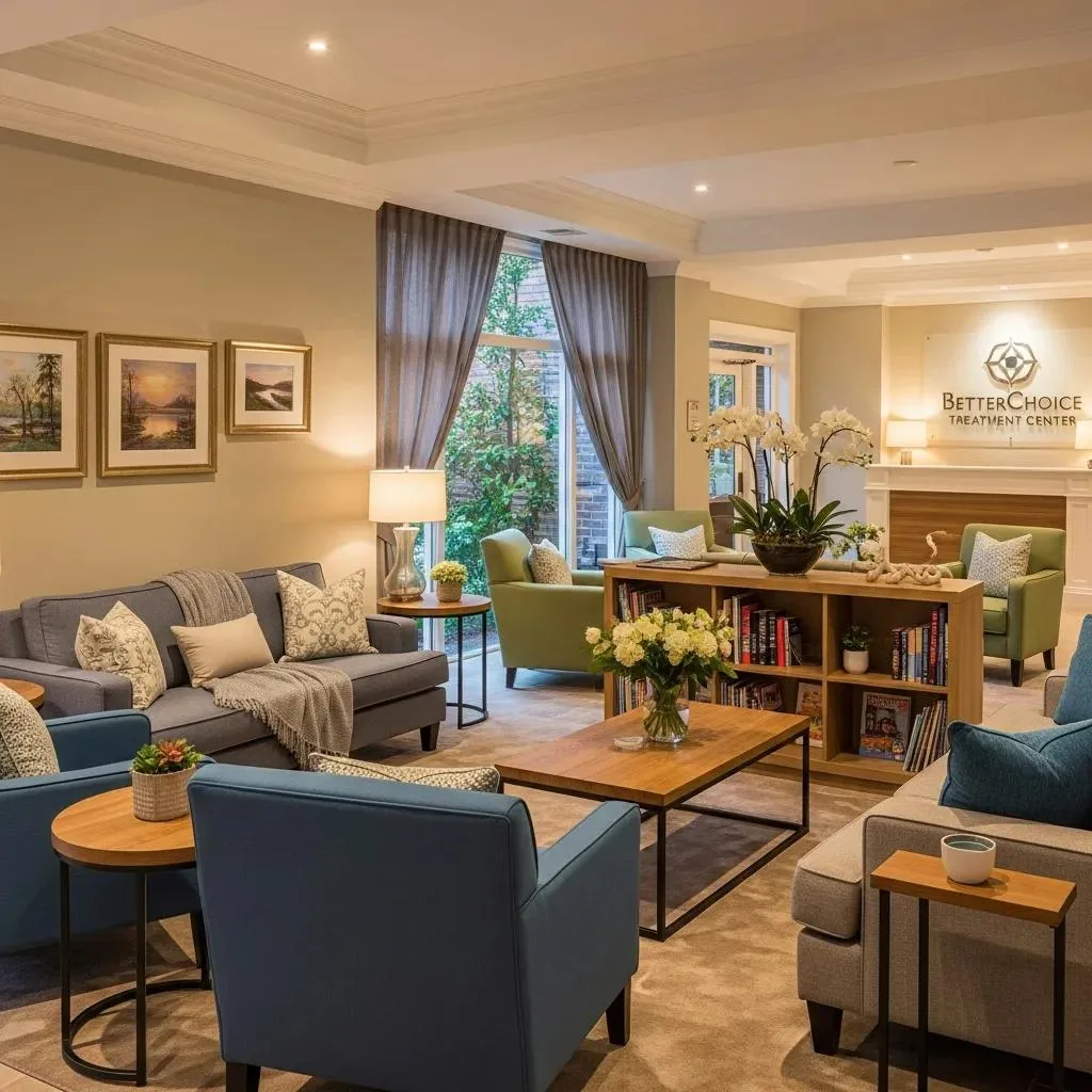 Legitscript Certification For Addiction Treatment Comfortable and inviting interior of BetterChoice Treatment Center, featuring cozy seating, decorative plants, and a welcoming atmosphere, emphasizing patient care and ethical practices.