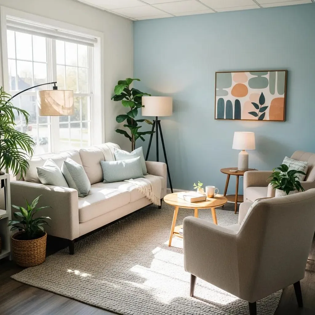 Inviting therapy room with comfortable seating, soft lighting, and decorative plants, representing mental health services in Las Vegas.