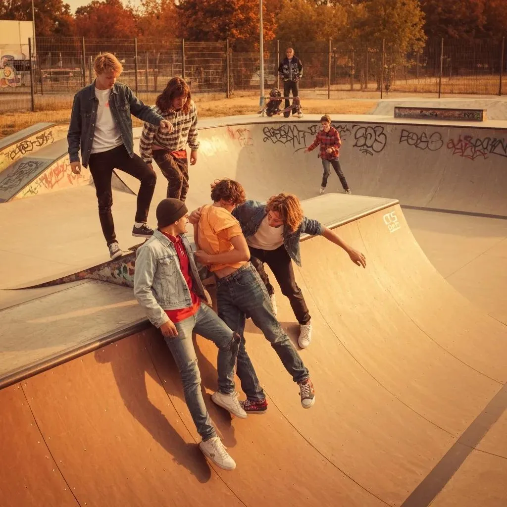 Group of teenagers engaging in skateboarding activities at a skate park, showcasing camaraderie and movement on ramps and bowls.