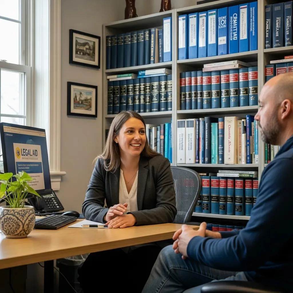 Legal Aid Resources Las Vegas For Recovery Legal aid consultation in an office setting, featuring a smiling woman assisting a client, with legal books and a computer displaying "LEGAL AID" in the background, emphasizing support for individuals in addiction recovery in Las Vegas.
