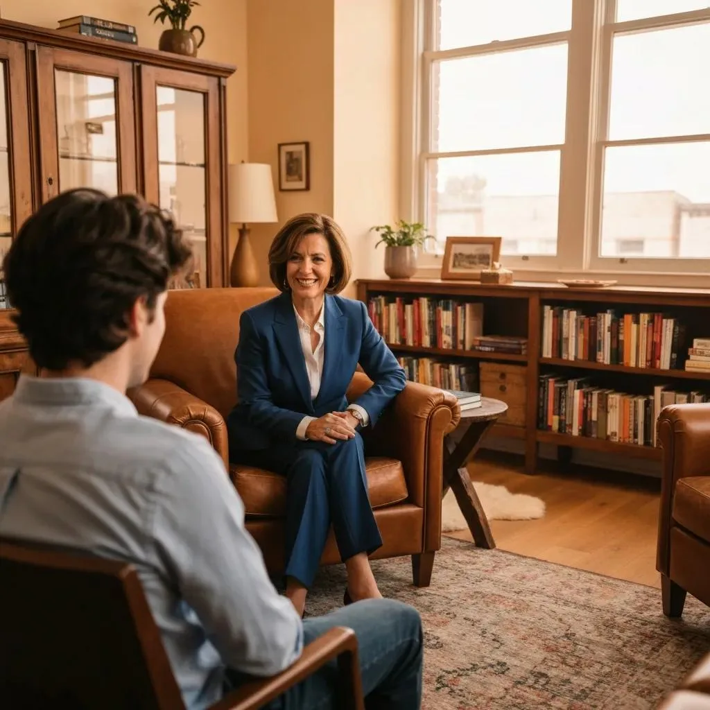 Licensed therapist interacting with a client in a cozy office setting, emphasizing emotional safety and supportive therapeutic environment.