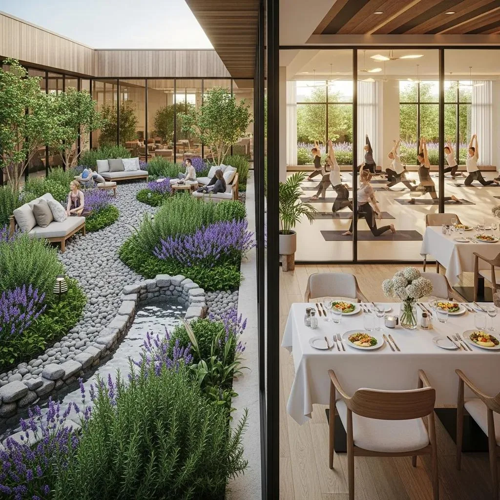 Premier Addiction Treatment Center In Las Vegas, Nevada Luxurious outdoor therapy garden with seating areas, wellness space for recovery, and yoga class visible through large windows, emphasizing personalized care and therapeutic engagement at BetterChoice Treatment Center.