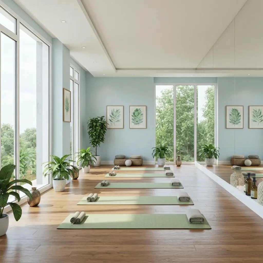 Luxurious yoga studio in a rehabilitation center featuring calming decor, green yoga mats, plants, and large windows promoting wellness and healing.