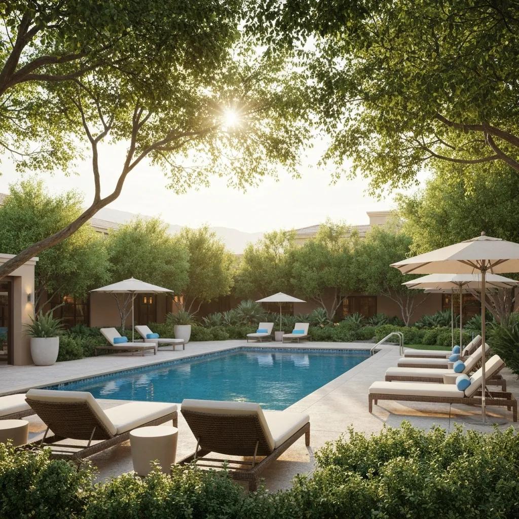 Discover Unique Amenities That Elevate Top Addiction Treatment Centers In Las Vegas Luxury pool area at BetterChoice Treatment Center in Las Vegas, featuring lounge chairs, umbrellas, and lush greenery, emphasizing wellness and tranquility in addiction recovery.