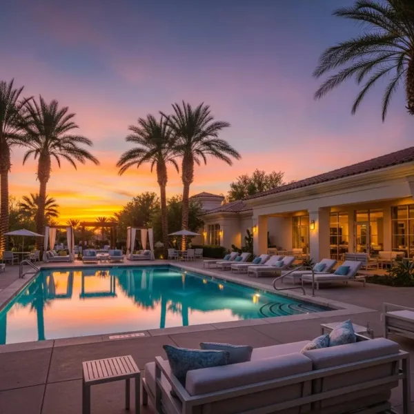 Blogs Luxury rehab facility in Las Vegas featuring serene outdoor space, inviting atmosphere, palm trees, and a sunset view over a swimming pool.