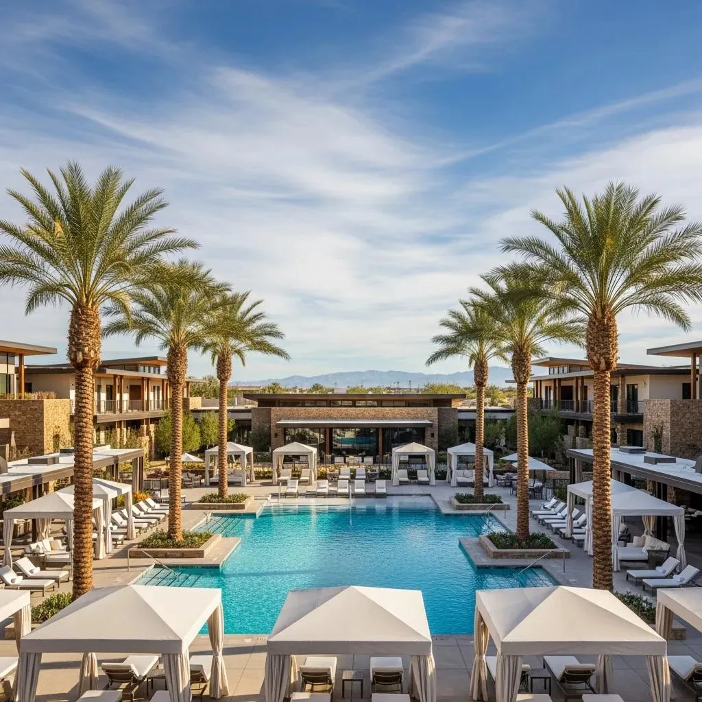 Luxury Rehab Centers In Las Vegas, Nevada Luxury rehab center in Las Vegas featuring serene outdoor pool area, palm trees, upscale cabanas, and modern architecture, emphasizing resort-level amenities for addiction treatment and recovery.