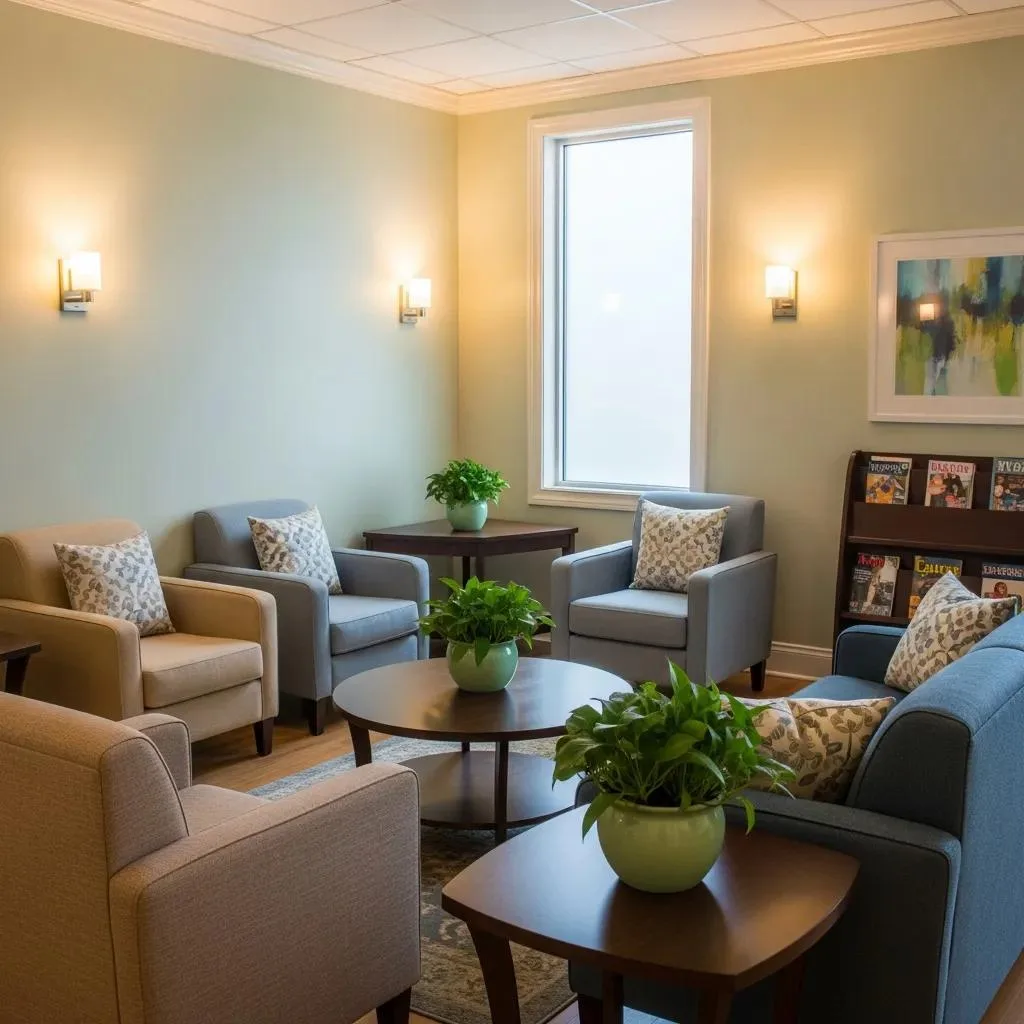 Comfortable waiting area in a rehabilitation center with armchairs, potted plants, and natural light, emphasizing a supportive environment for recovery during the transition from medical detox to inpatient rehab.
