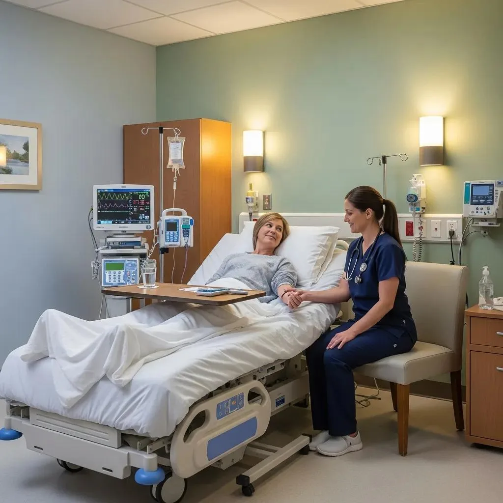 Patient receiving supportive care during medical detox in a hospital room, with a nurse monitoring vital signs and providing comfort.