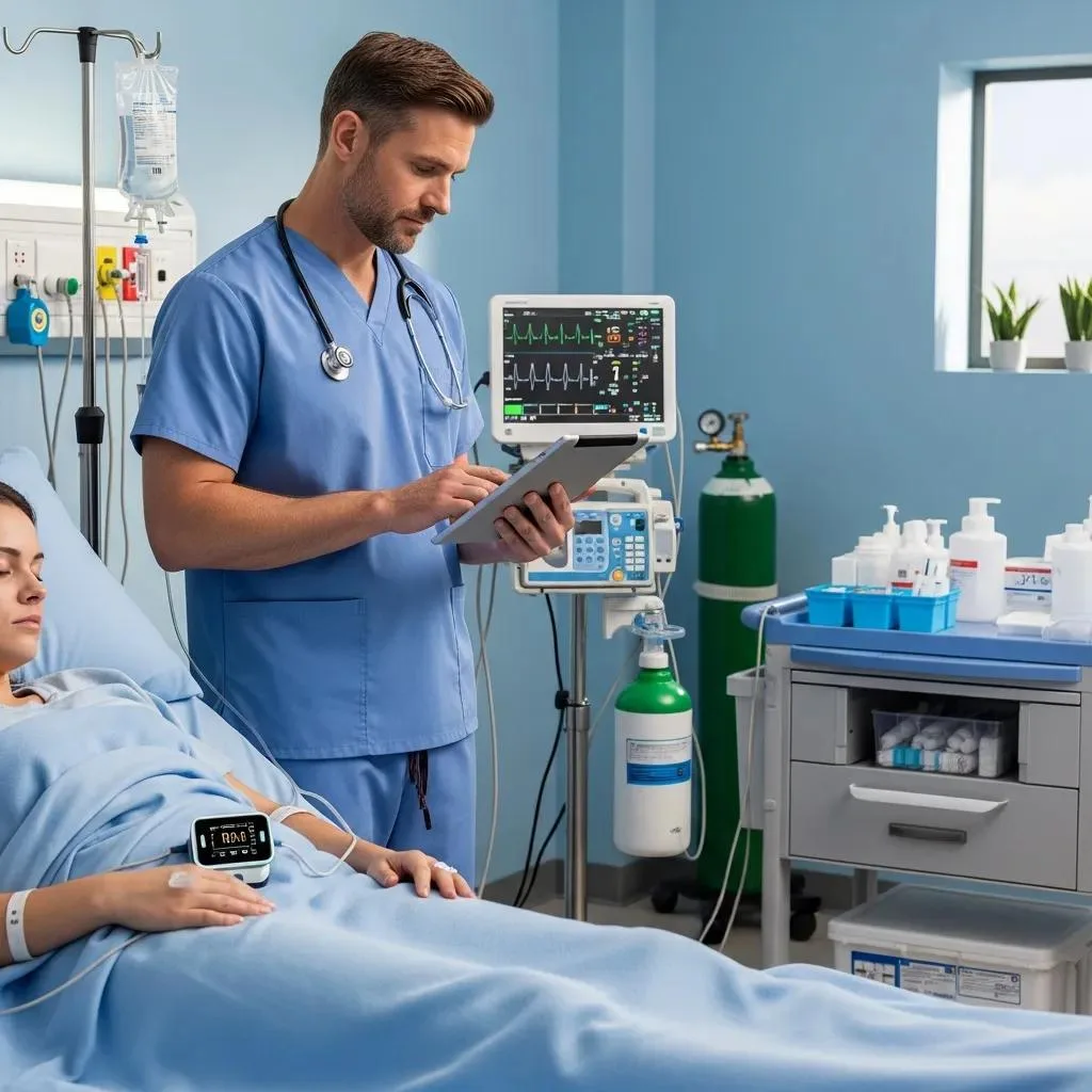 Meth Addiction Rehab Programs In Las Vegas, Nv Medical professional monitoring patient during meth detox program, using tablet for clinical assessment, with vital signs displayed on monitor in safe environment.